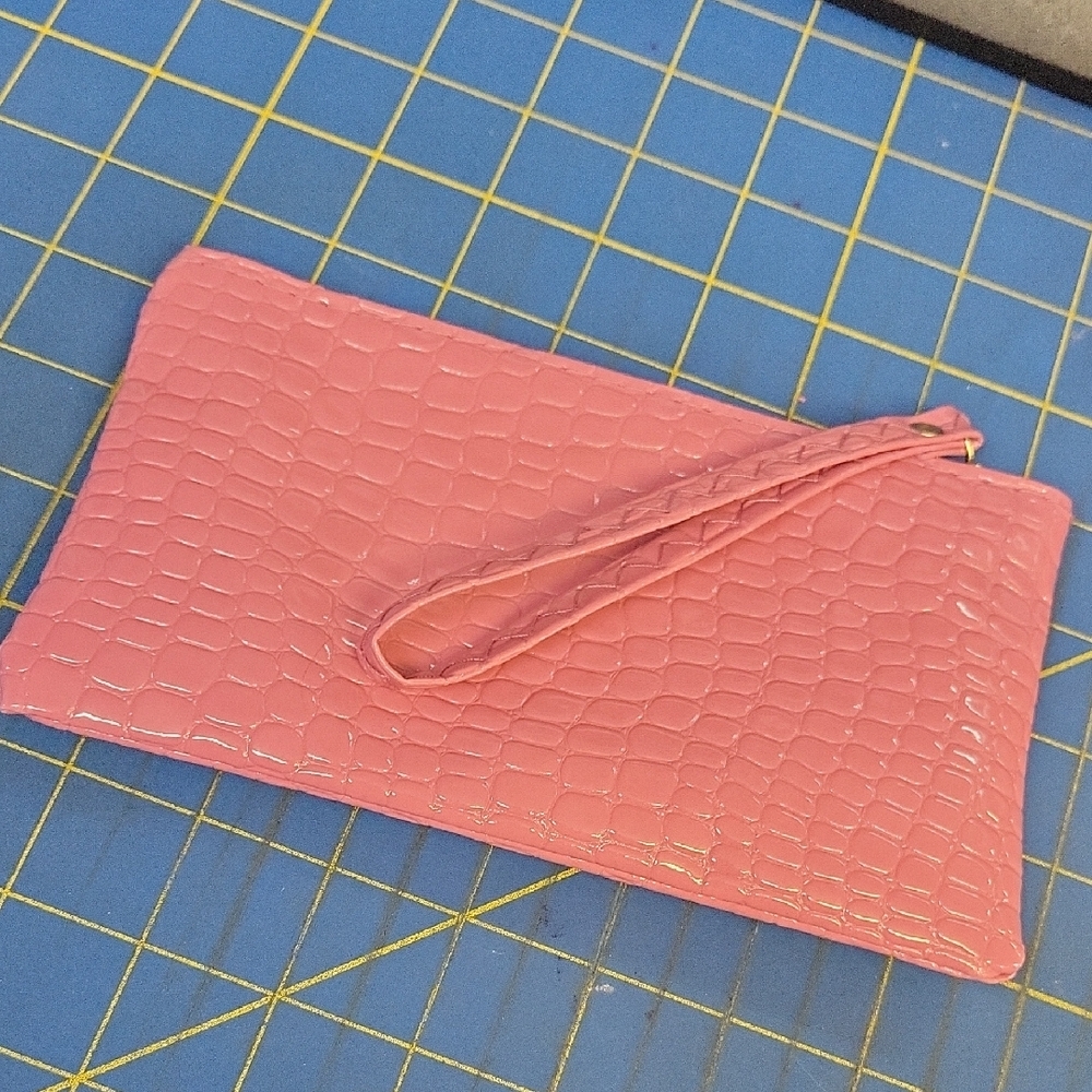 Pink Crocodile-Embossed Wristlet Clutch or Cosmetic Bag 7x4x0.5
